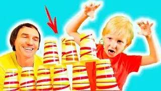 Damian Pretended Play with Colored Cups ! 5 Funny Ways to Break a Giant Pyramid