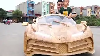 Oğluyla Sokakta Ev Yapımı Ahşap Bugatti Test Sürüşü yapan adam