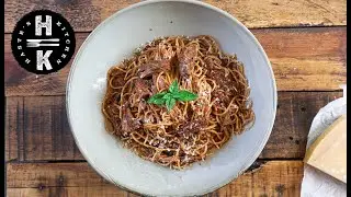 Bourbon, slow cooked pulled beef brisket spaghetti and rich tomato ragu