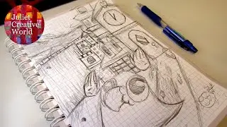 Parrothead runs away from a castle. Tutorial in pencil. How to sketch character and architecture.