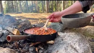 Chili cooked over open fire - ground chuck beef