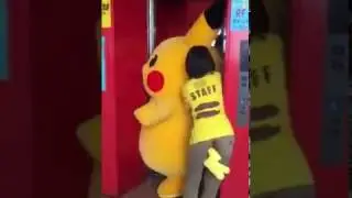 Pikachu mascot getting caught in elevator