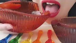 EDIBLE ASMR PLATE BOWL & RAINBOW SPOON ASMR JELLO MUKBANG ASMR JELLY  SQUISHY EATING SOUNDS 먹는 그릇 수저