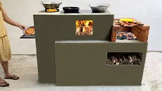 Creative wood stove from iron barrels and red bricks - smokeless multi-function outdoor wood stove
