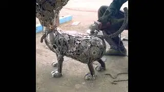 Happy dog metal sculpture on Scrubbing process #sculpture #artwork #welder #recycle #diy #dog #pets