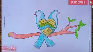 Drawing of two cute birds in love with the help of heart shape | How to draw cute loving bird