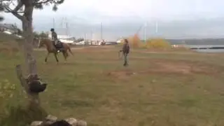 Даша учиться ездить на Мише на корде!