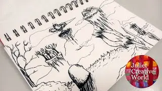 ISLANDS ABOVE THE CLOUDS. How to draw with brush marker in sketch style.