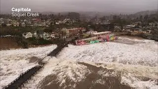 Bay Area atmospheric river drone video: Capitola wharf split in half as Soquel Creek flooding surges