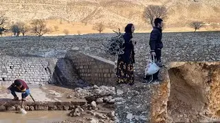 Collecting firewood from the mountains by Abbas and building a fireplace in the hut by Sadegh