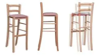 Sgabello con schienale in legno di faggio colore noce chiaro con sedute imbottite ecopelle