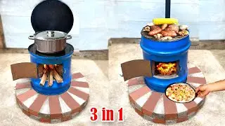 Creative 3 in 1 outdoor multi purpose wood stove from cement and non iron barrel