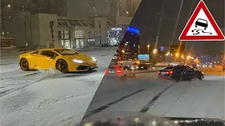Crazy snow drift with Lambo, M3, G63… on the street!