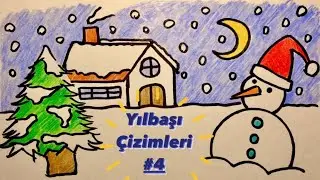 Yılbaşı Manzarası Çizimi🎅🏼 kardan adam, karlı ev, yılbaşı ağacı kolay çizimler