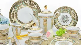 Mint green and white design embossed gold 24pcs coffee set - KAROSA