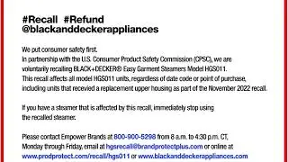 Black+Decker® Easy Garment Steamers Recall Notice