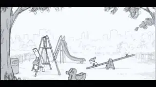 На рисованный мультик.Папа гуляет с детьми.