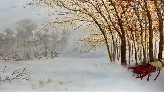 Акварель. Зима, 1-ый снег. Используем Смешную кисть. Snow scene  with funny brush/ WC