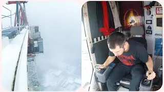 Крановщик в туман на башенном кране. Работаем по приборам. Working in the fog on a crane.