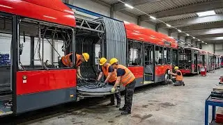 How Low-Floor Articulated City Buses Are Made in a Modern Factory