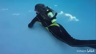 Female Diver Scuba diving in pool with wetsuit