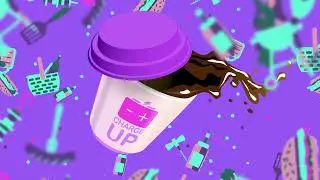 Cup with coffee bursting out and a plastic lid on the background of a pattern of fast food icons