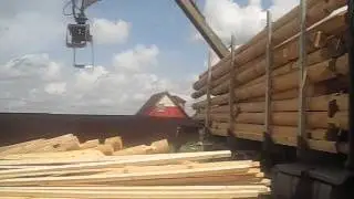 Разгрузка сруба сортементовозом