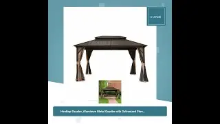 Hardtop Gazebo, Aluminum Metal Gazebo with Galvanized Steel Double Roof Canopy, Curtain and Netti...
