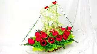 A ship made of candy. Crafts in the style of sweet design. DIY graduation gift.
