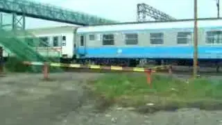 Local passanger train passing a walking bridge