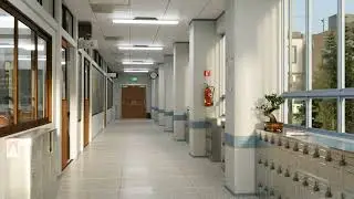 The corridor of the Japanese school. Смена времени суток.