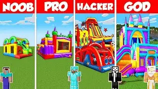 BOUNCY CASTLE HOUSE BUILD CHALLENGE - Minecraft Battle: NOOB vs PRO vs HACKER vs GOD / Animation