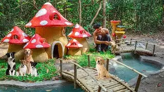 Rescue Abandoned Baby Puppies Build Mud Dog House and Aquarium Around Dog House Raising Red Fish