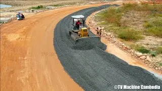 Best Techniques Komatsu Bulldozer D41E Pushing With Motor Grader Spreading Gravel On New Road