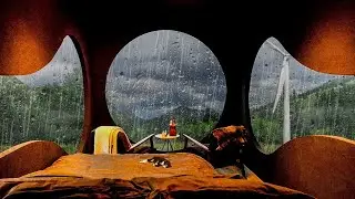 Cozy Bedroom with Rain Sounds on Green Pastures at Night .