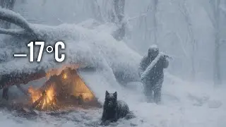 Extreme Winter Survival at –17°C | Trapped in a Heavy Snowstorm Under a Fallen Tree & Bushcraft Fire