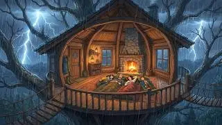 A Rainy Night in a Safe Forest Treehouse | Warm Fire Inside | Ghibli Style ASMR