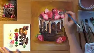 Как нарисовать шоколадный торт. Рисуем торт с клубникой. Акрил