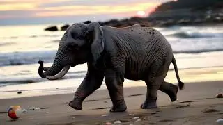 Elephant playing with ball on the beach