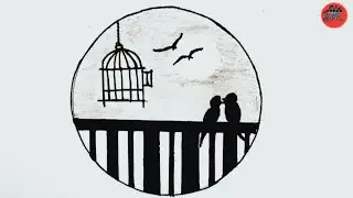 Love birds scenery drawing | how to draw birds scenery | how to draw love birds drawing