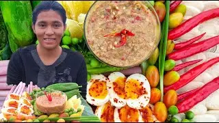#nika eating Vegetable /Vegetable eating with Khmer Prohok sauce recipe/Sponge gourd/eggs eating