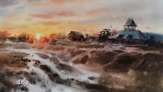 Весенний закат акварелью. 