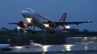 Plane Takeoff - Airbus A319 - Bristol Airport Westbound Easyjet - Wet and Windy