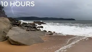 Lightning Storm & Ocean Waves Crashing on Beach | Thunderstorm Sounds for Sleep (Nature Brown Noise)
