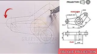 OBLIQUE PROJECTION OF TWO VIEWS IN FIRST ANGLE PROJECTION,  CIRCLES, CURVES AND ARC IN OBLIQUE.
