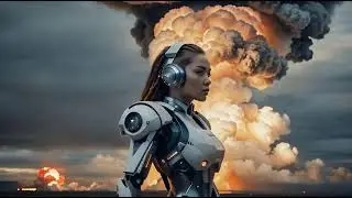 Free Stock Videos - AI animation - Cyborg, looking, in front of a nuclear blast