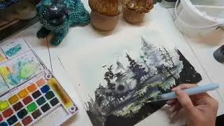 Painting a forest watercolor illustration in real-time