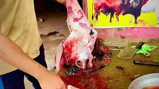 Buffalo head cutting skills | buffalo heat meat cutting expert butchers | meat cutting processing