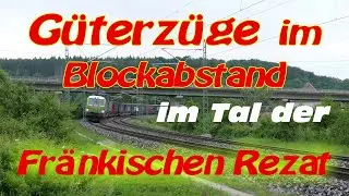 Güterzüge im Blockabstand im Tal der Fränkischen Rezat mit boxXpress, Raildox, Eurodual, Flixtrain