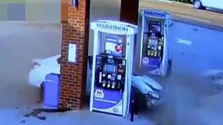 The car is thrown into the air, nailed to a gas station and the surprise continues